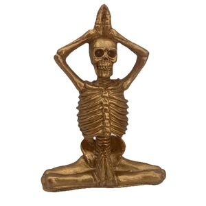 Skeleton Yoga Raised Hands Pose Halloween Decor Resin Figurine Gold Color 5.25"